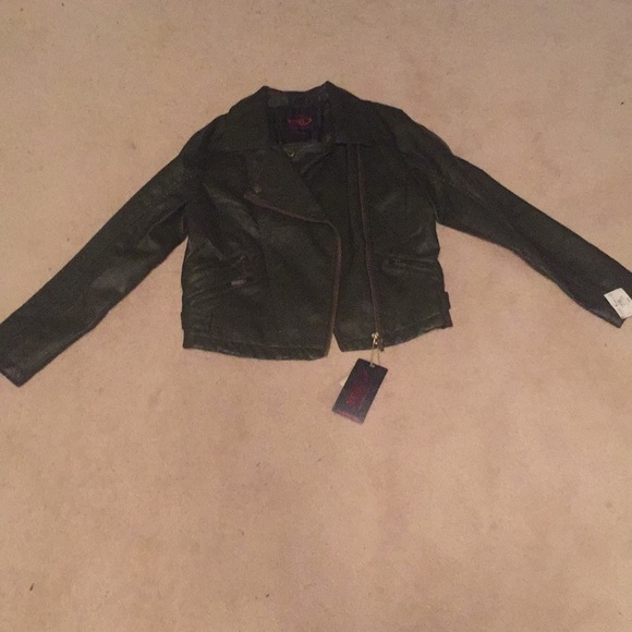 A olive colored leather jacket.